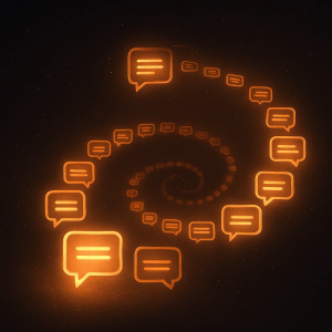 A glowing spiral made of orange chat icons flows through a dark background, representing communication loops and re-engagement. The design captures how affiliate marketers can retarget audiences through authentic, message-driven connection instead of ads.